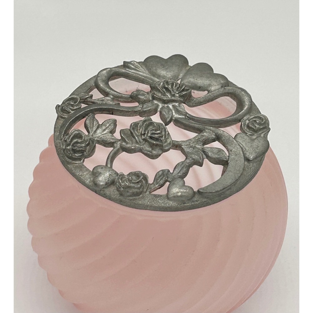 Vintage Frosted Pink Satin Glass Swirl Potpourri Jar Rose Floral Metal Lid 3in